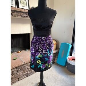 Snap Strapless Mini Dress Black Purple Leopard Floral Print Satin Bow Back Sz 5